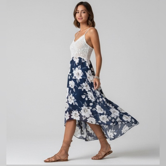 Lace Floral Print Tulip Hem Chiffon Dress - Picture 2 of 12